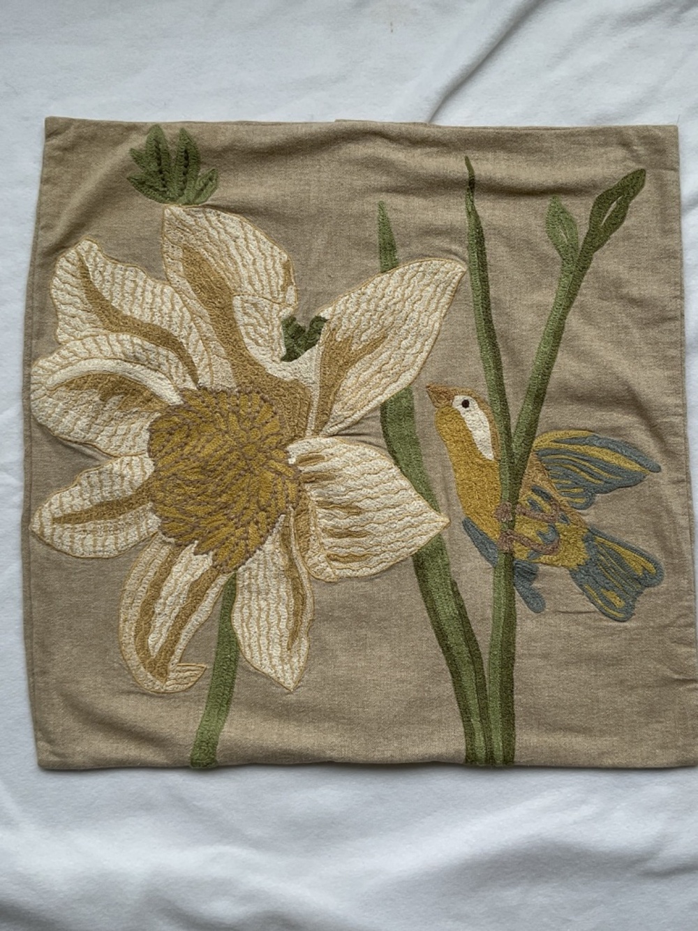 Pottery Barn Embroidered Gold Bird Crewel Pillow Cover 24" Floral Beige 24" sq